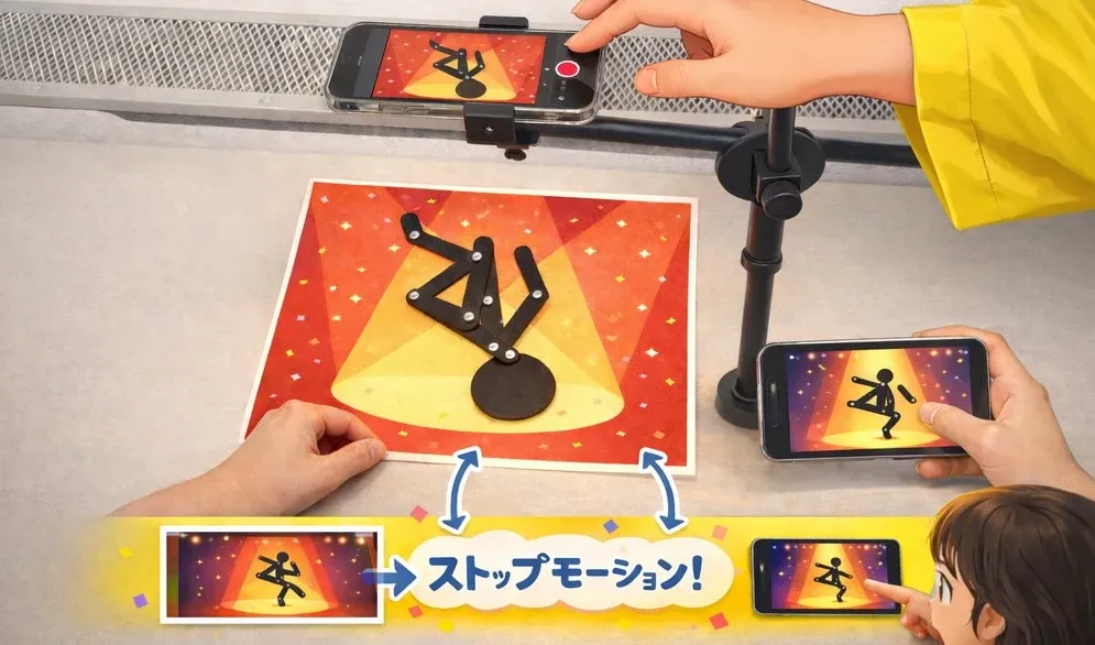関節が動く人形をスマートフォンで撮影し、ストップモーションアニメをつくる様子