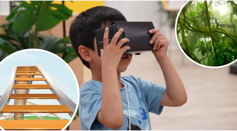 手作りしたVRゴーグルをのぞき込む子ども