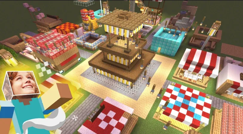 パソコンのマインクラフトで他の参加者と一緒にお祭り会場を建築している画面