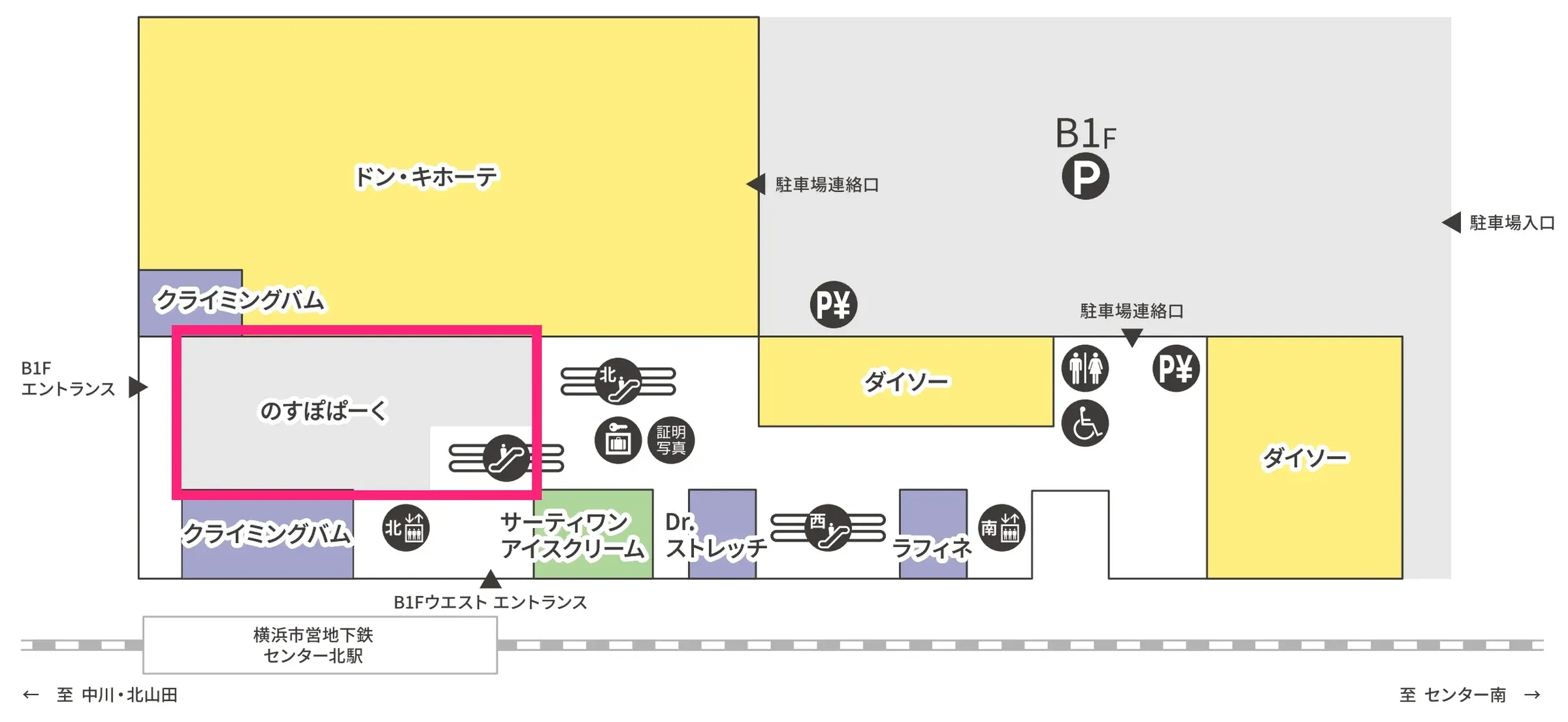 ノースポート・モールB1Fの簡易フロアマップ。センター北エントランス側の「のすぽぱーく」を赤枠で示している