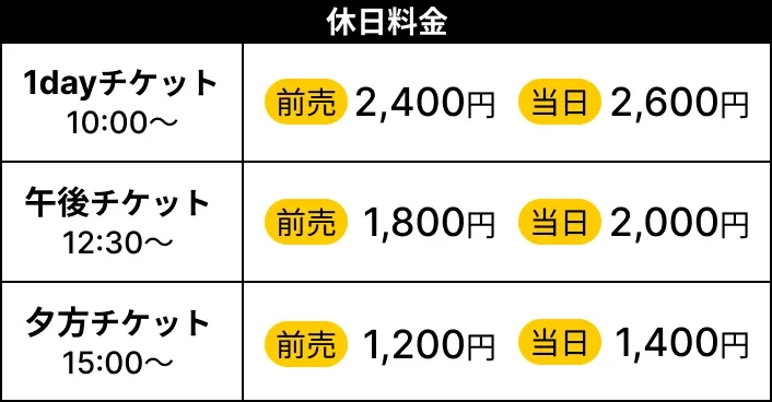 子ども入場券 休日料金：1dayチケット10:00〜 前売2,400円／当日2,600円、午後チケット12:30〜 前売1,800円／当日2,000円、夕方チケット15:00〜 前売1,200円／当日1,400円
